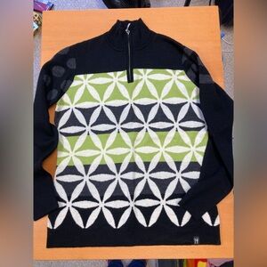 Vintage Neve Designs Geometric Patterned 1/4  zip Sweater, Black, Green, XL